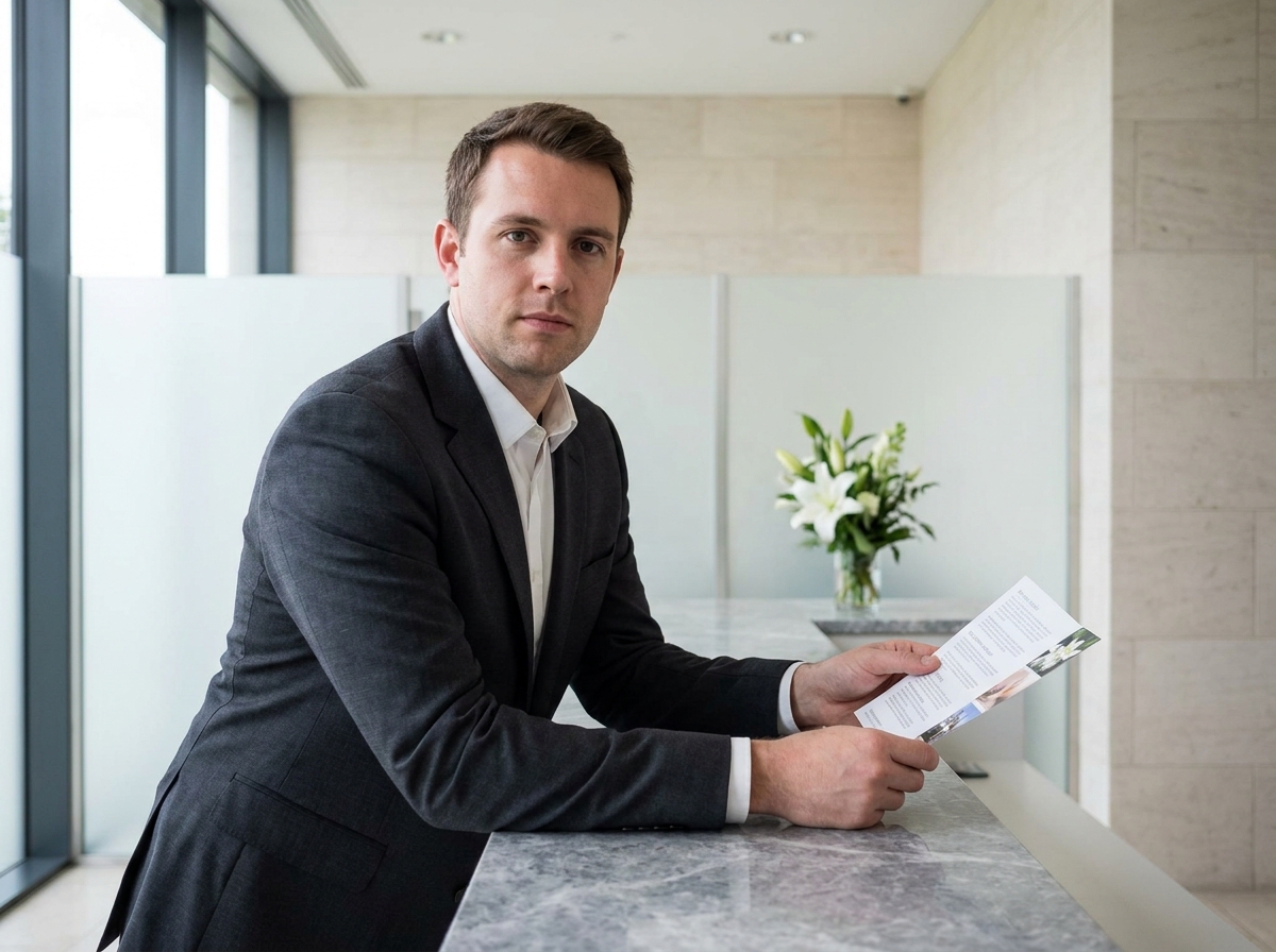 Réceptionniste de crématorium remettant une brochure tarifaire sur les frais funéraires