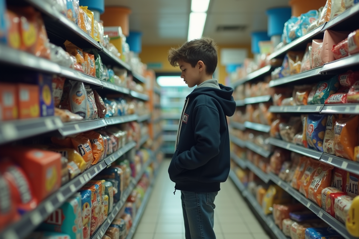 Adolescent devant rayon de snacks en superette