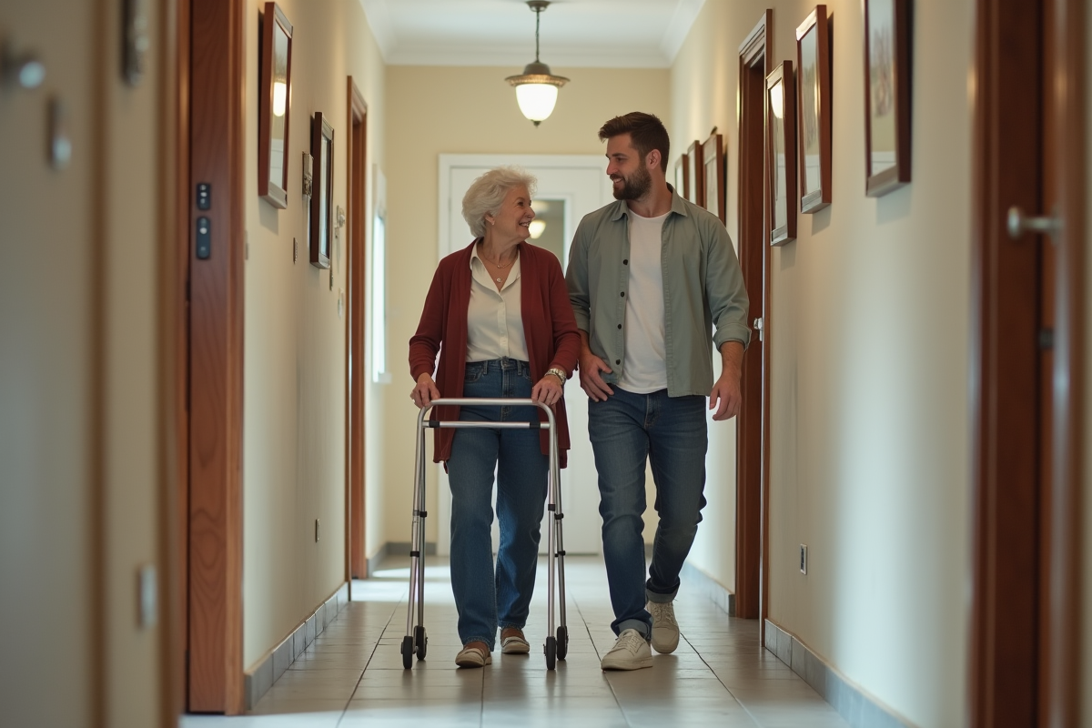 Jeune assistant guidant une personne âgée dans un couloir