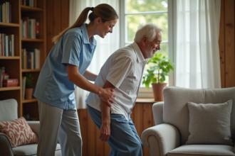 Femme aidante aidant un senior dans un salon chaleureux