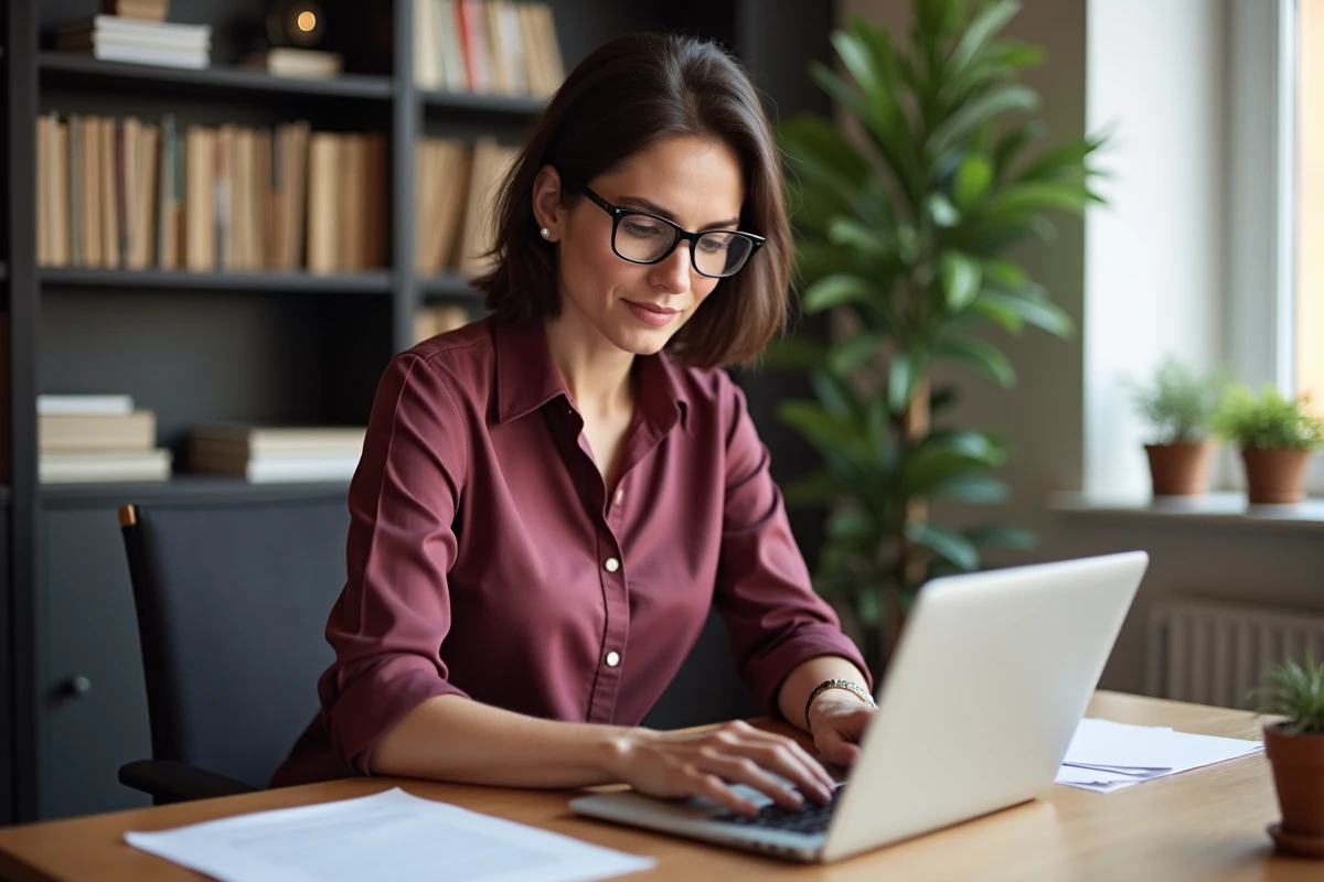 Femme analysant des avis Better Me sur un ordinateur portable dans un bureau à domicile