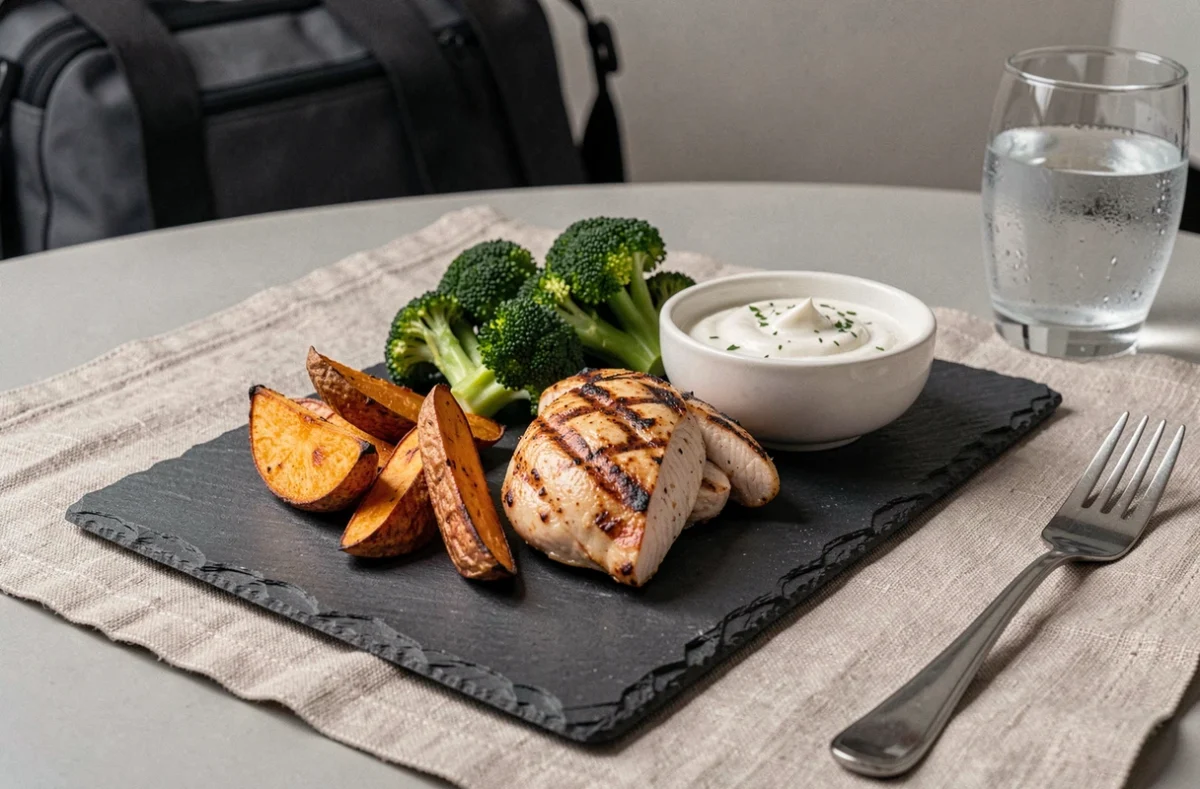 Assiette équilibrée de sportif avec des ignames rôties, poulet grillé et légumes pour récupération