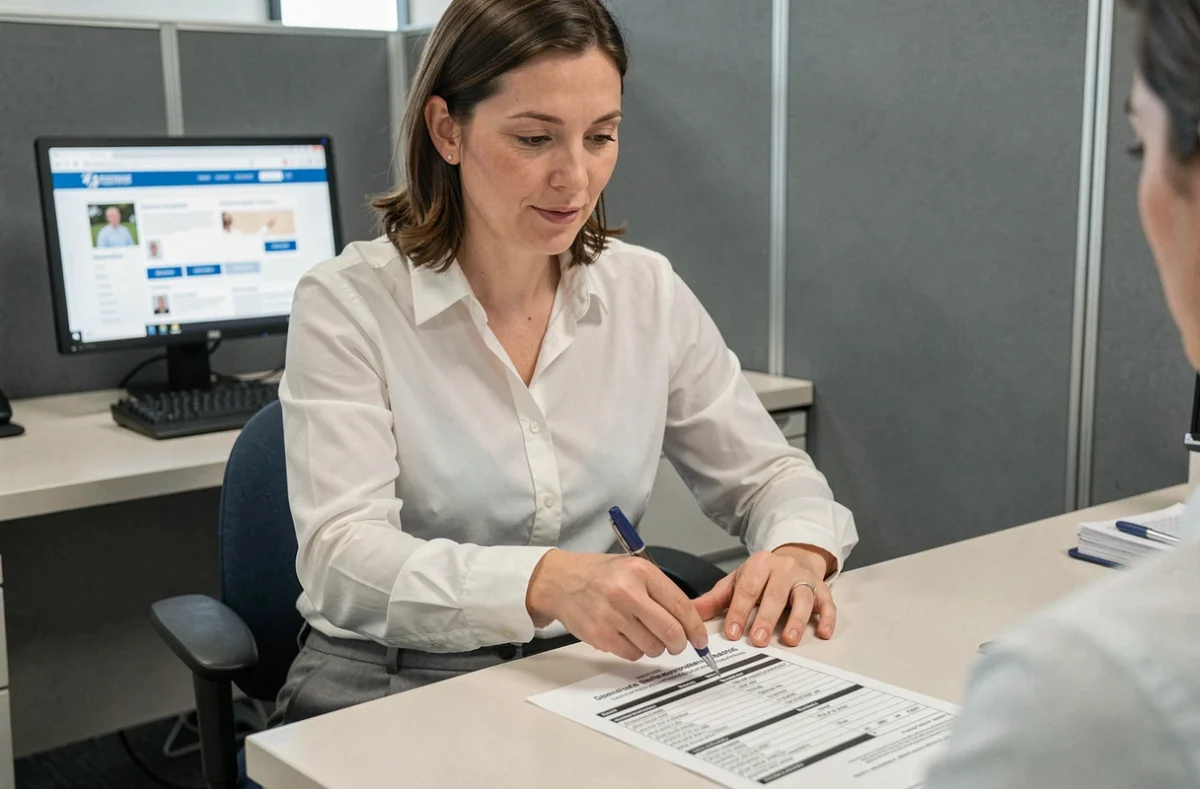 Assistante sociale expliquant les erreurs à corriger dans un dossier CDAPH en bureau administratif