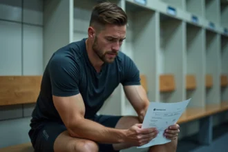 Athlète masculin fatigué consultant ses résultats d'analyses sanguines avec transaminases élevées après un entraînement intensif