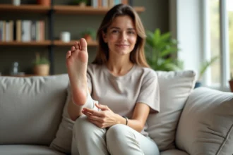 Femme en yoga pratique auto-soin digestion dans un salon lumineux