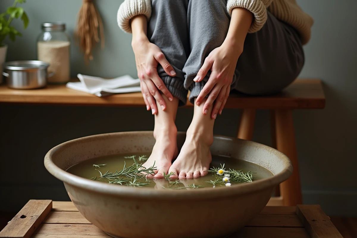 Bain de pieds aux herbes naturelles dans un bassin en céramique, soin maison contre les fourmillements dans les jambes