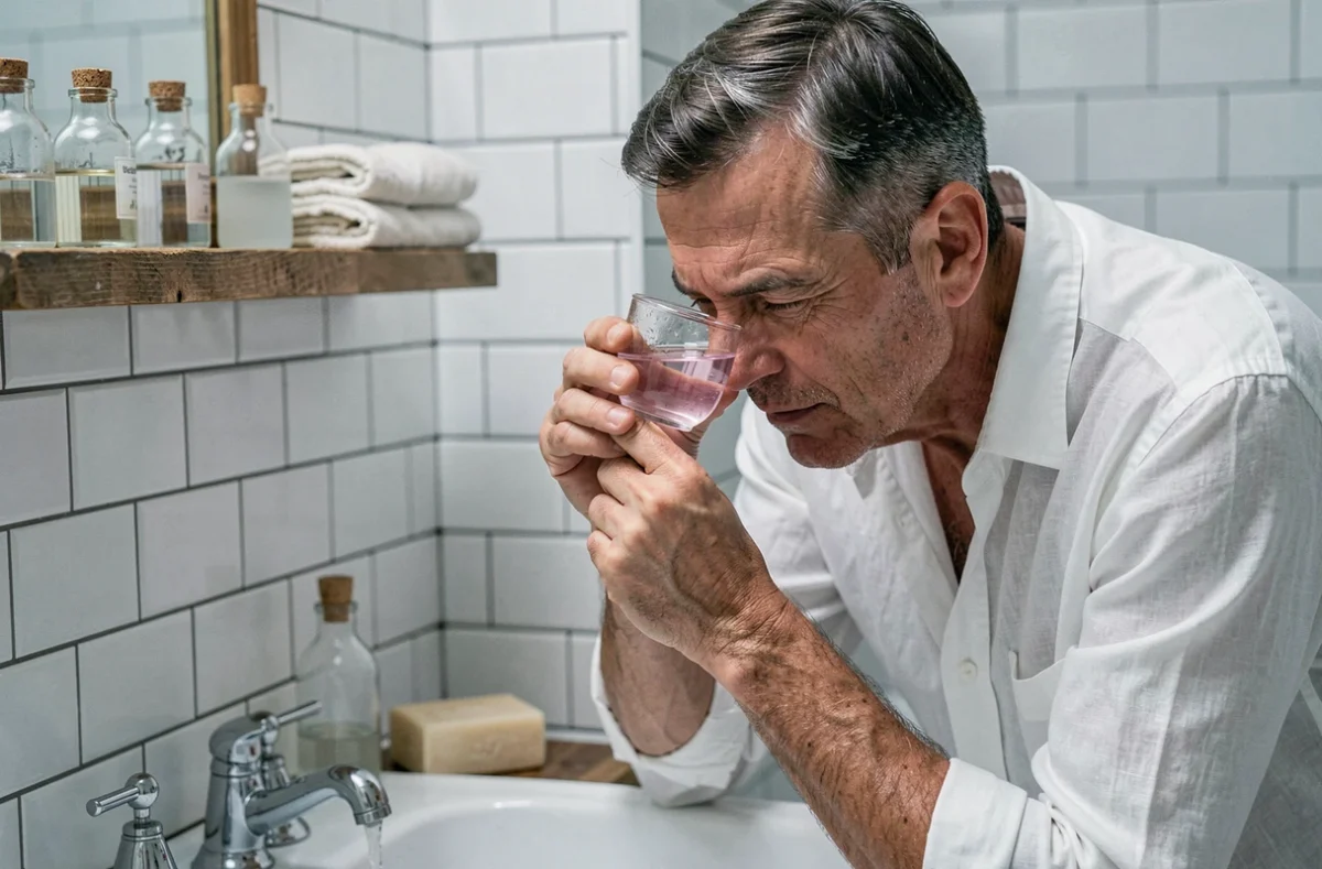 Homme utilisant un bain d'yeux maison avec de l'eau de rose dans une coupelle en verre