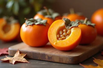 Kaki mûr coupé en deux sur une planche en bois rustique entouré de feuilles d'automne, illustrant les bienfaits nutritionnels du fruit