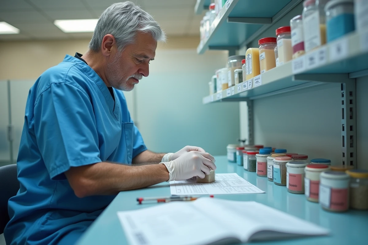 Dermatologue pathologiste homme manipulant un bloc de paraffine contenant une biopsie cutanée dans un service d'anatomopathologie