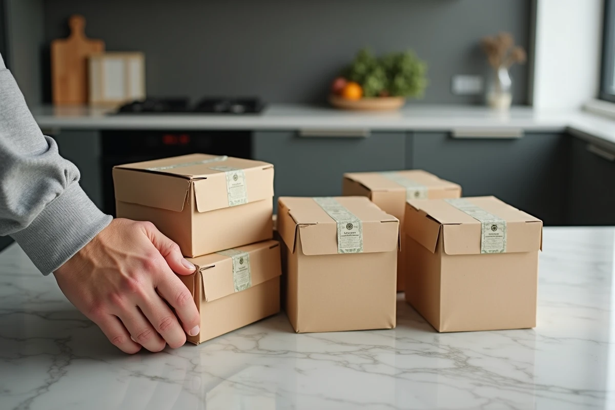 Boîtes de repas Comme J'aime avec étiquettes de prix comparées sur un comptoir de cuisine moderne