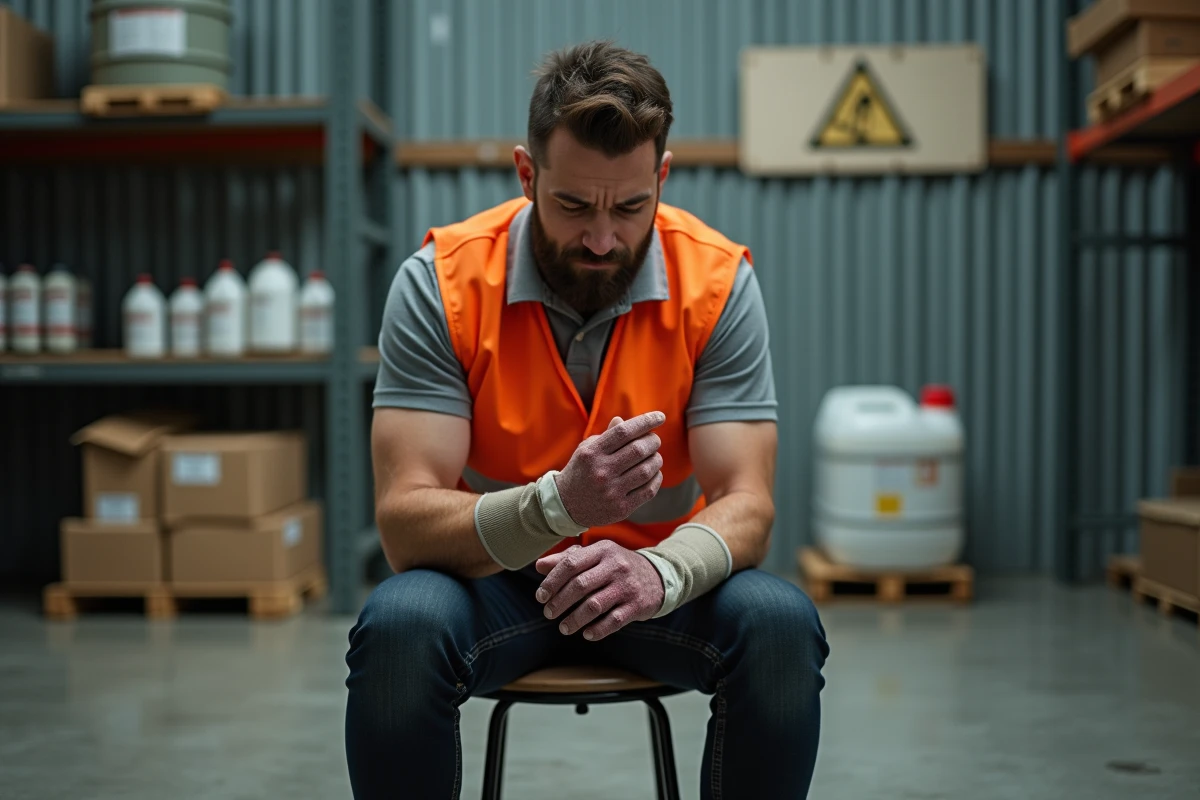 Ouvrier industriel en gilet de sécurité examinant sa main après contact avec un produit chimique corrosif dans un entrepôt