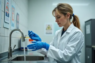Femme en blouse de laboratoire rinçant son doigt brûlé par un produit chimique sous l'eau courante au niveau d'un évier industriel