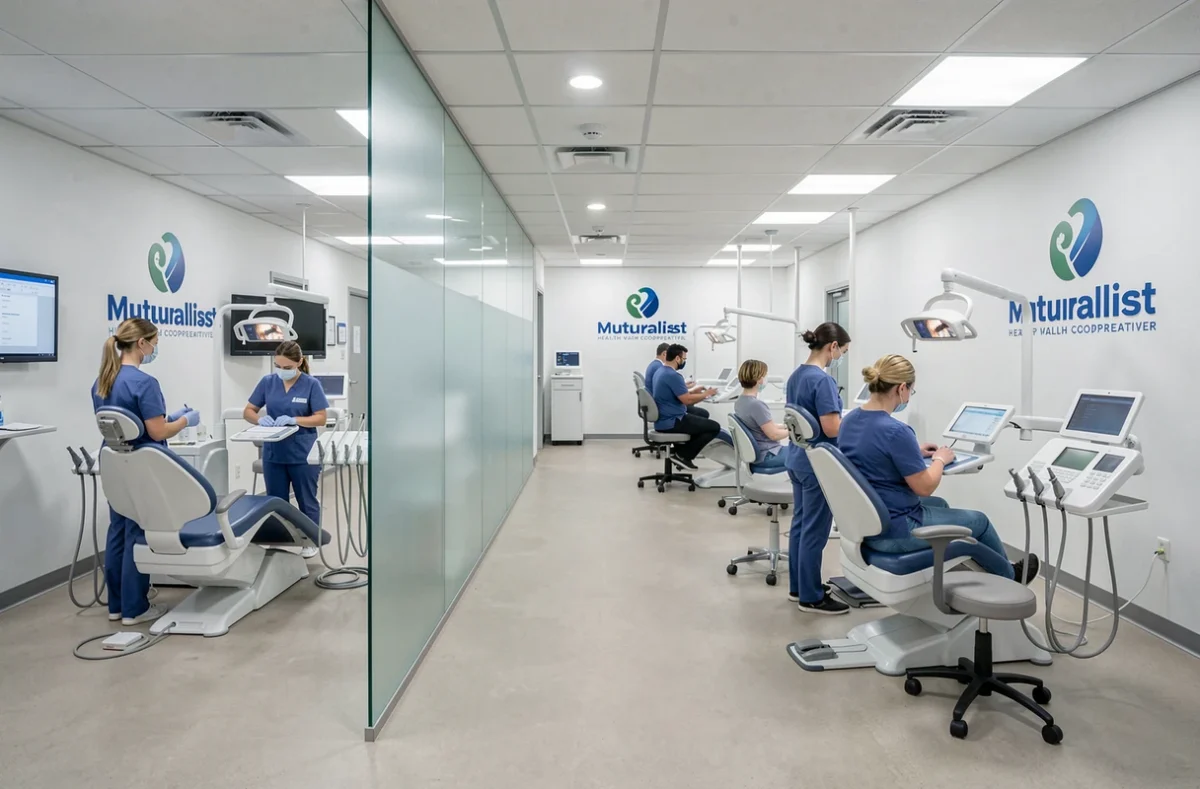 Intérieur du Centre de Santé Dentaire Mutualiste avec plusieurs postes de soins modernes