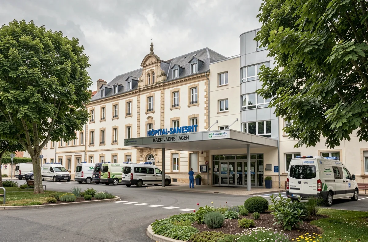 Façade de l'Hôpital Saint-Esprit du CH Agen-Nérac avec entrée principale et signalétique