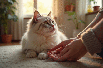 Chat Siberien caressant dans un salon lumineux