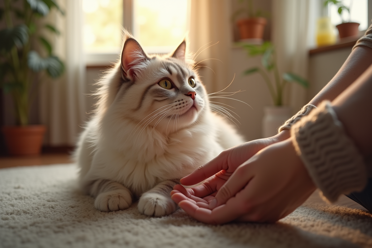 Chat Siberien caressant dans un salon lumineux