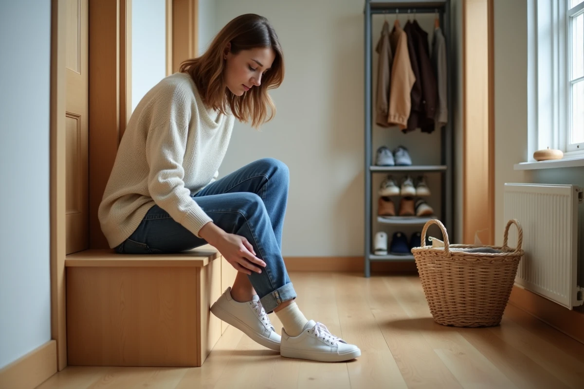 Femme enfilant délicatement une chaussure large avec un orteil bandé suite à un ongle de pied arraché en cours de cicatrisation