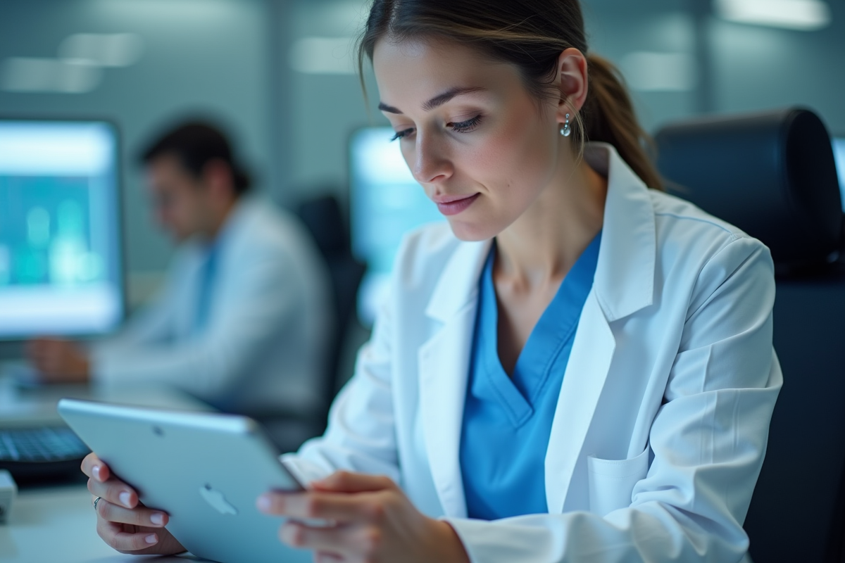 Chercheuse médicale analysant des données sur une tablette