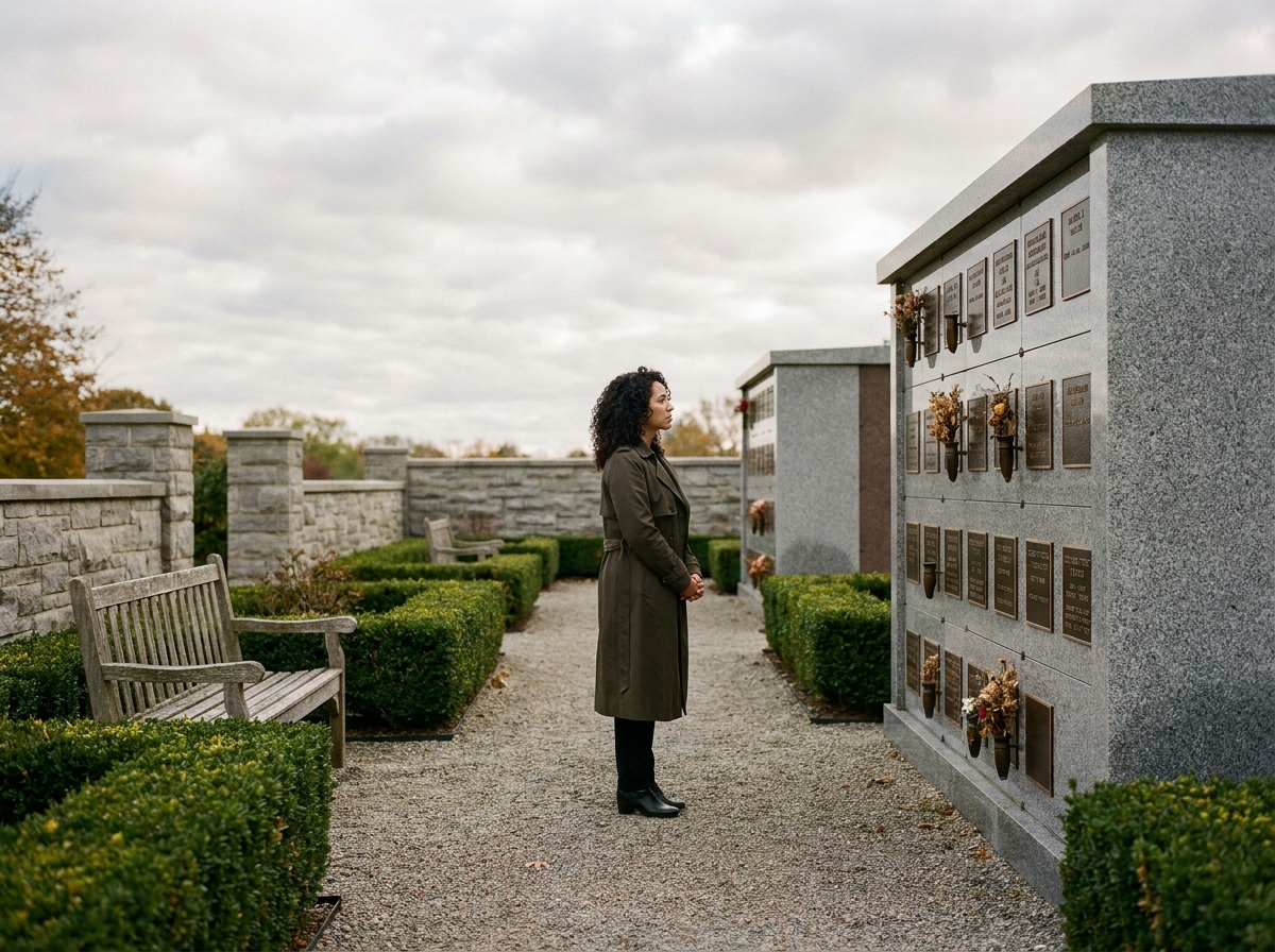 Femme recueillie devant un columbarium en granit dans un jardin du souvenir