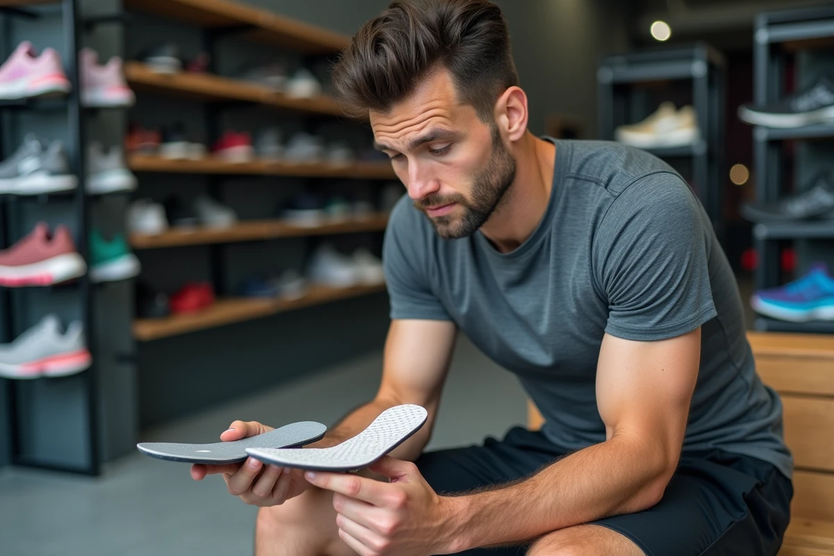Homme comparant une semelle sur mesure et une semelle prête à porter pour épine calcanéenne en magasin de sport