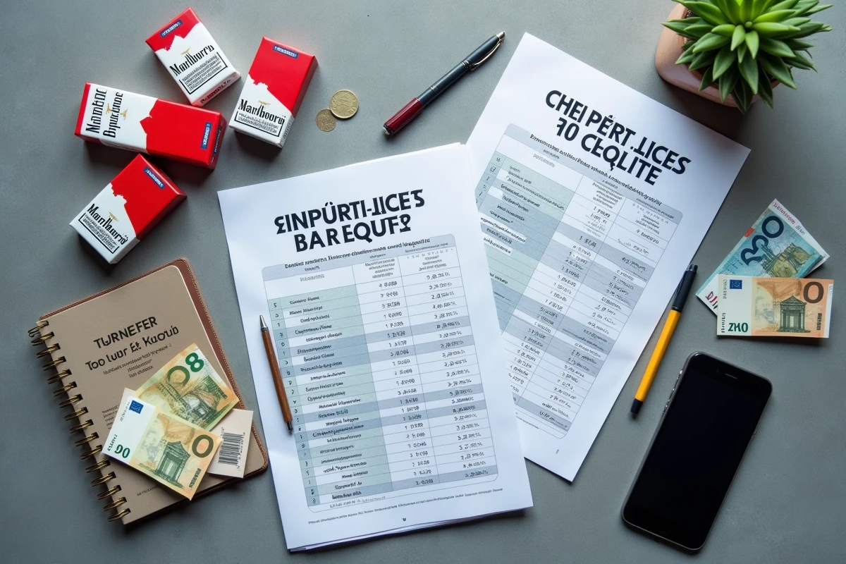 Vue aérienne de paquets de Marlboro avec des billets en euros et des comparatifs de prix sur une table en béton