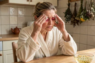 Femme appliquant une compresse de camomille sur les yeux fatigués, remède de grand-mère maison