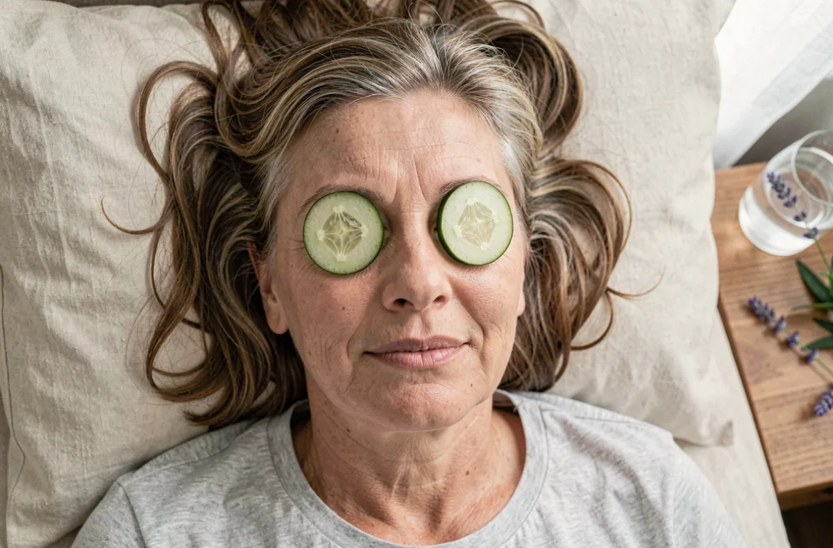 Femme allongée avec des rondelles de concombre sur les yeux pour soulager la fatigue oculaire