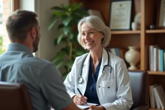 Médecin généraliste en consultation avec un patient dans un cabinet médical privé à Montbrison