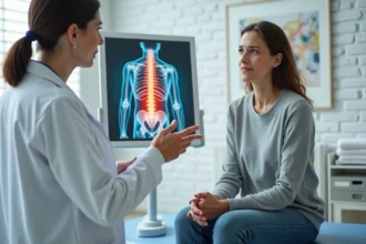 Femme en consultation avec un médecin et affichage anatomique du dos