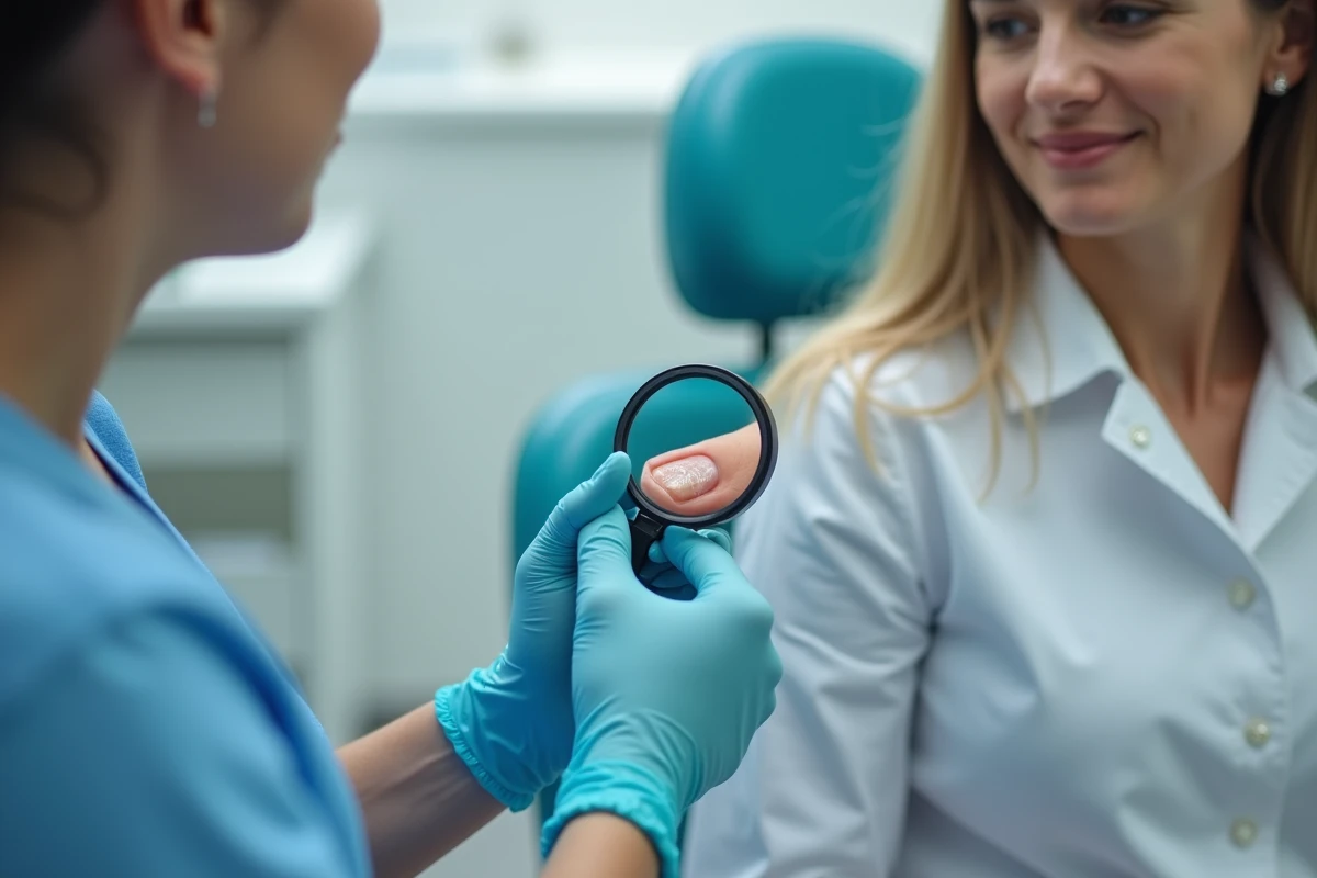 Dermatologue examinant la matrice de l'ongle d'une patiente avec une loupe médicale lors d'une consultation spécialisée