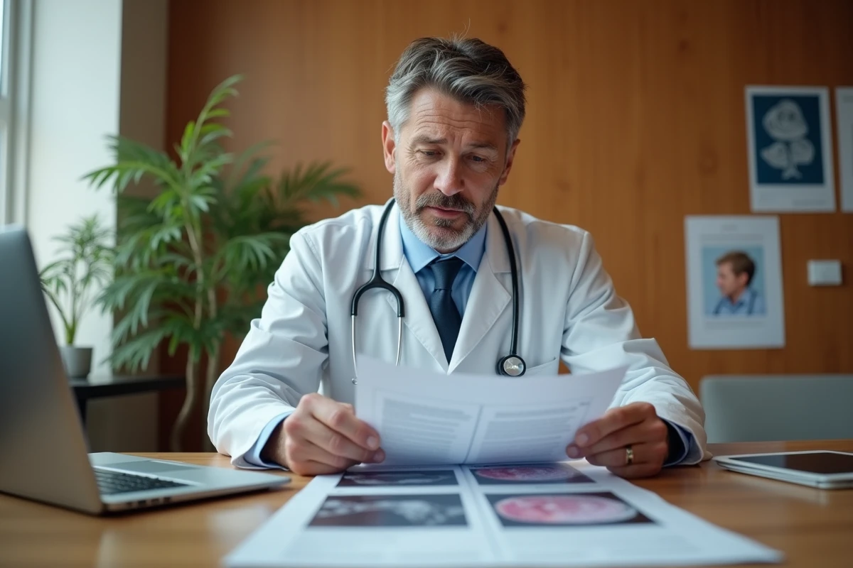 Dermatologue consultant un rapport d'anatomopathologie et des photographies de lésions cutanées rares lors d'une consultation médicale