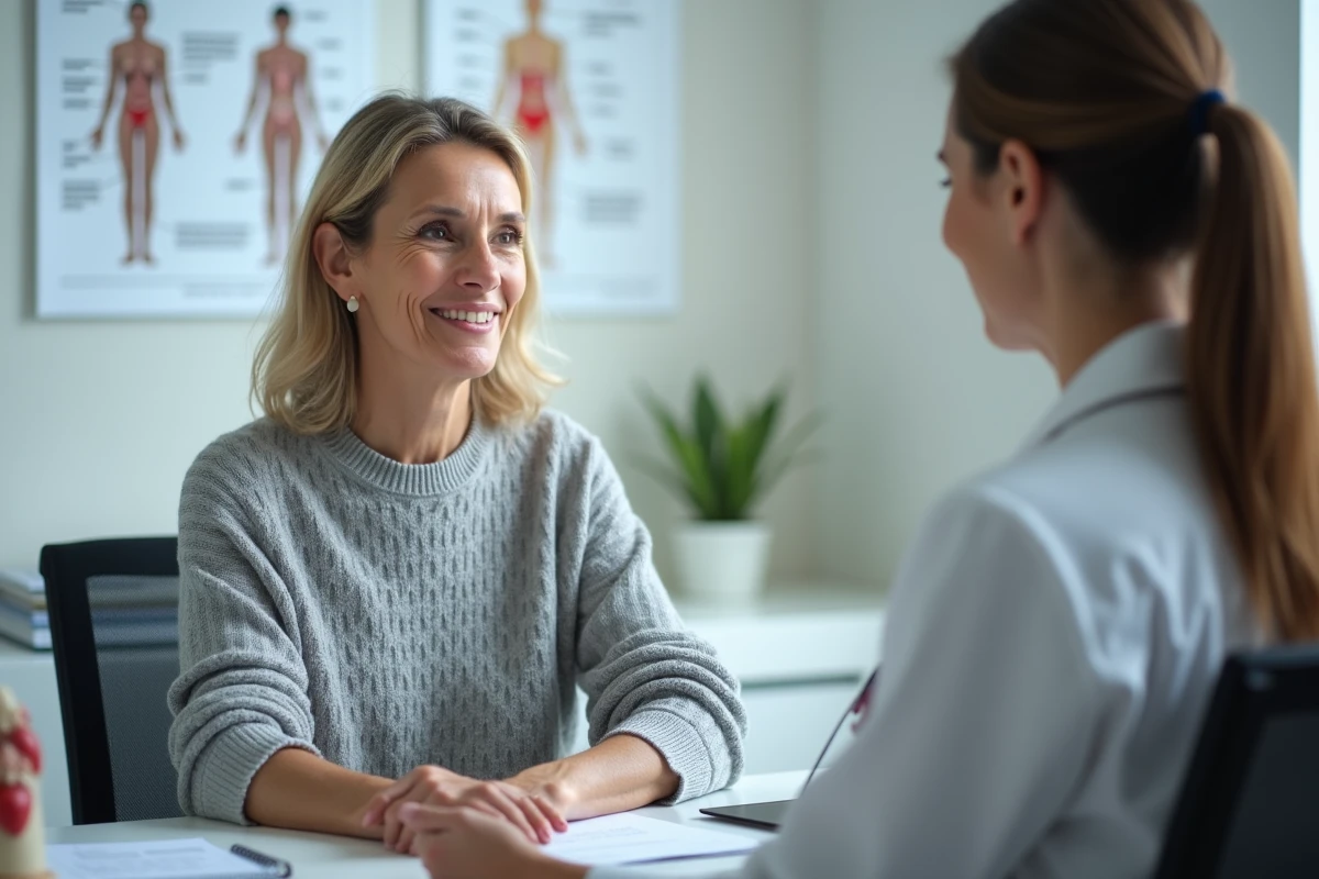 Consultation gynécologique entre une patiente et une médecin dans un cabinet médical moderne