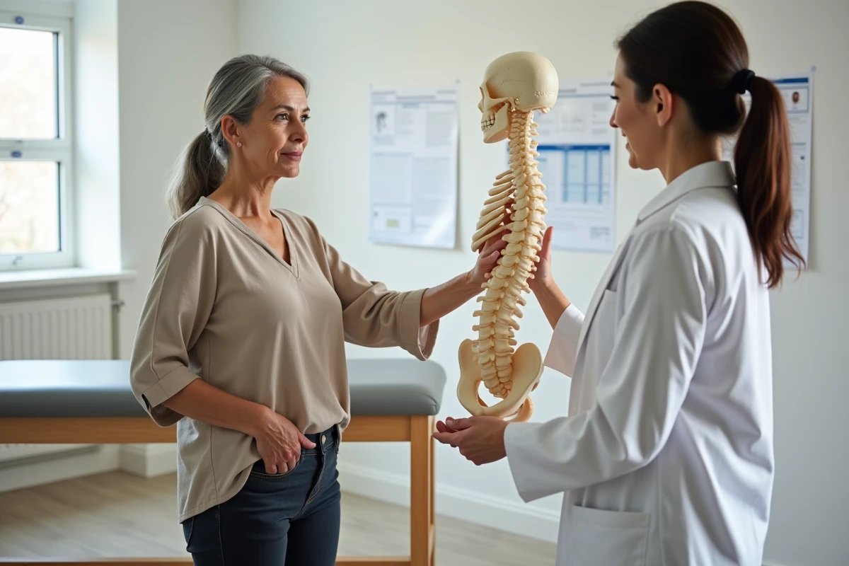 Femme montrant la zone du sacrum sur un modèle anatomique lors d'une consultation de kinésithérapie, représentant la prise en charge médicale de la douleur sacrée
