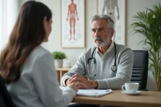 Patient adulte consultant un médecin généraliste pour un trouble digestif ponctuel dans un cabinet médical moderne