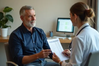 Médecin expliquant des résultats d'analyses sanguines avec un taux de Gamma GT élevé à un patient lors d'une consultation médicale