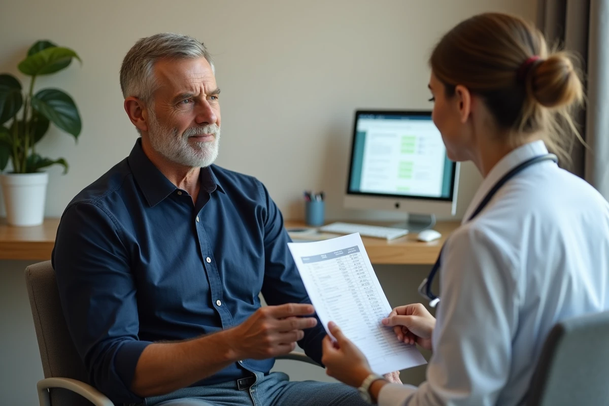 Médecin expliquant des résultats d'analyses sanguines avec un taux de Gamma GT élevé à un patient lors d'une consultation médicale