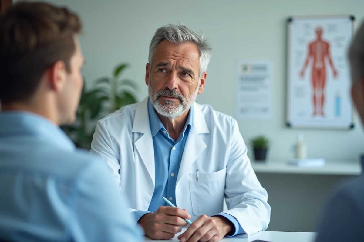 Médecin généraliste en consultation avec un patient pour des symptômes digestifs après ingestion de graines de potimarron