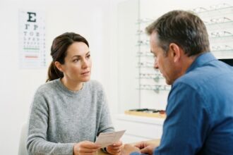 Femme en consultation chez l'opticien regardant une fiche de préparation avant un examen de vue