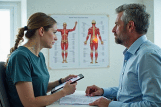 Homme d'âge moyen consulte une physiotherapeute dans une clinique moderne