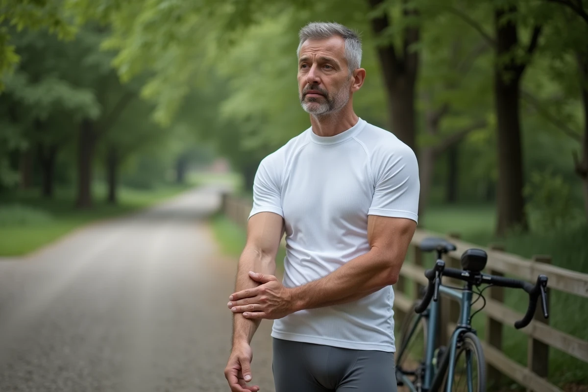 Homme debout dans un parc après une séance de vélo tenant son avant-bras où un muscle se contracte involontairement après l'effort