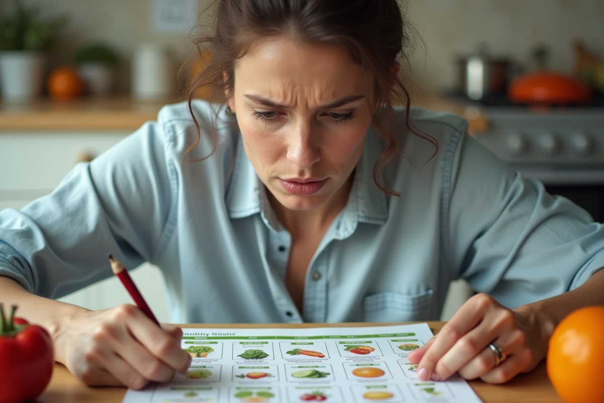 Adulte regardant un tableau alimentaire dans la cuisine