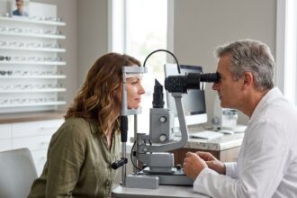 Femme passant un contrôle de vue chez un opticien avec un professionnel de santé visuelle utilisant un équipement optique moderne