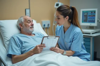 Infirmière évaluant un patient âgé à l'aide de la cotation Hamilton dans une chambre d'hôpital