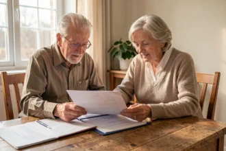 Couple âgé relisant des papiers d'assurance à une table