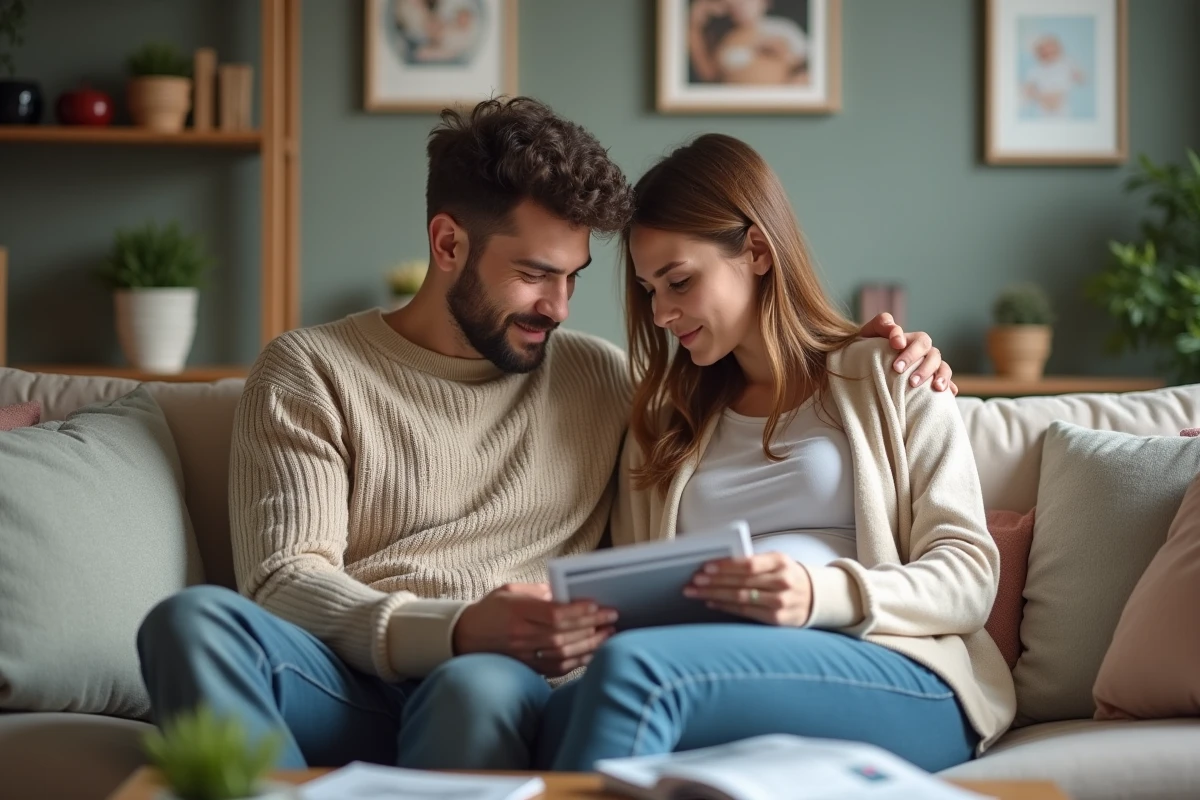 Jeune couple regardant des brochures de grossesse à la maison