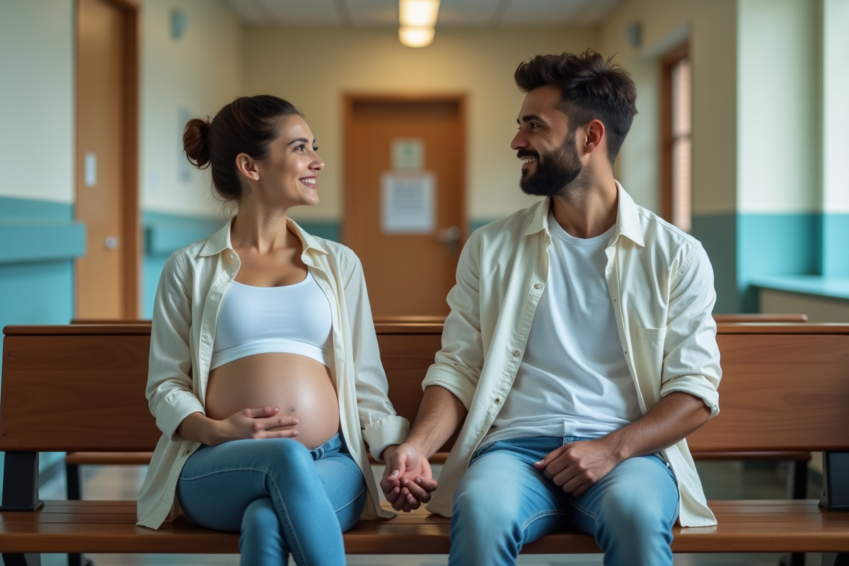 Jeune couple enceinte assis dans un hall d