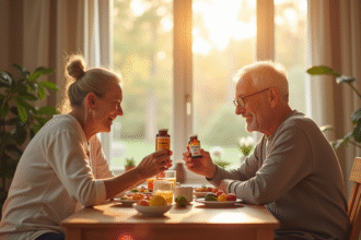 Couple senior souriant avec vitamine K2 au petit déjeuner