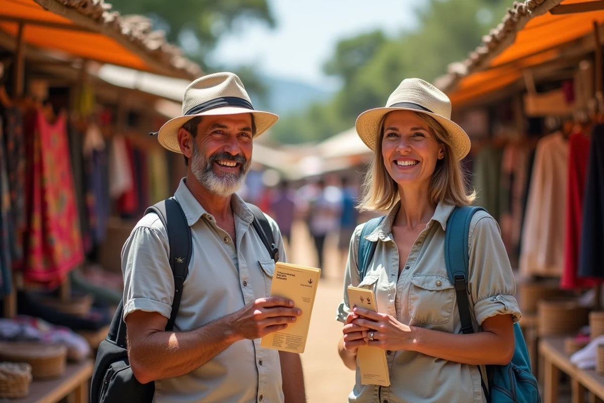 Couple français souriant devant marché tanzanien
