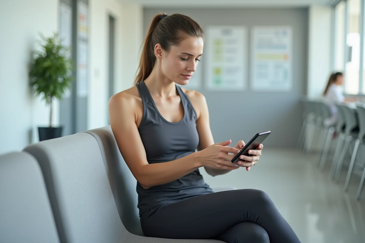Coureuse consultant des valeurs de transaminases élevées sur une application santé dans une salle d'attente médicale après sport