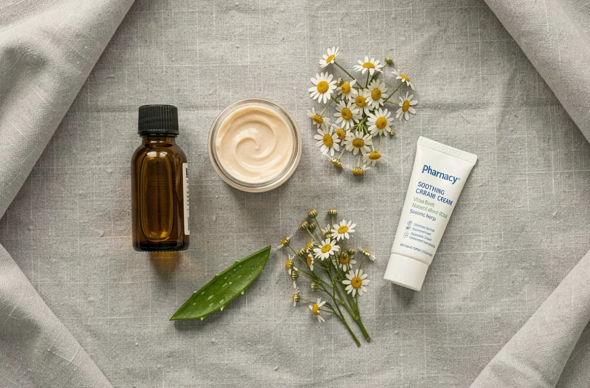 Comparaison entre crèmes pharmaceutiques et remèdes naturels pour démangeaisons intimes en flat-lay